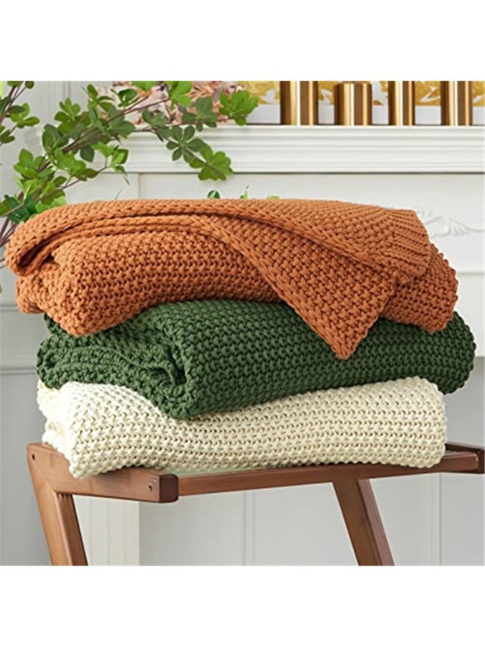 Burnt Orange Chunky Knit Throw Blanket 100 Cotton Cable Knit 51 x 63 Farmhouse